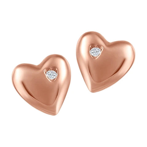 10K - Rose Gold Round Cut Diamond Baby Earrings - Heart - TDW 2x.004 CT