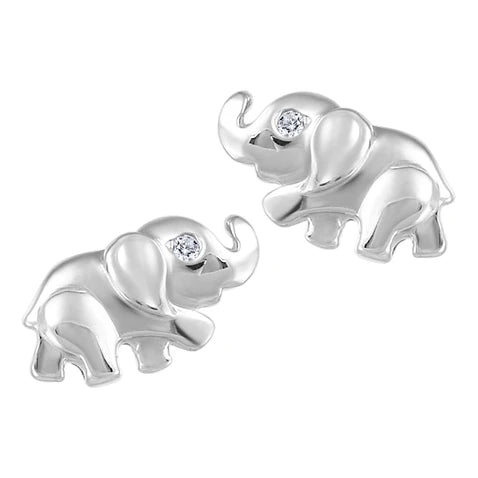 10K - White Gold Round Cut Diamond Baby Earrings - Elephant - TDW 2x0.003 CT