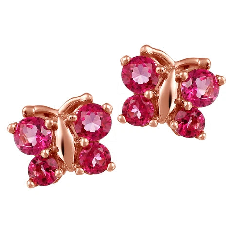 10K - Rose Gold Round Cut Pink Topaz Baby Earrings - Butterfly
