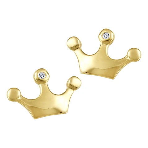 10K - Yellow Gold Round Cut Diamond Baby Earrings - Crown - TDW 2x0.003 CT