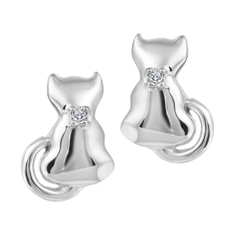 10K - White Gold Round Cut Diamond Baby Earrings - Cat - TDW 2x0.003 CT