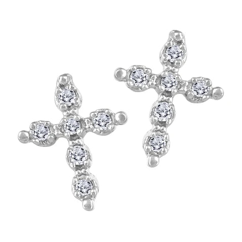 10K - White Gold Round Cut Diamond Baby Earrings - Cross - 12x0.005 CT