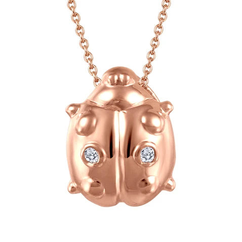 10K - Rose Gold Round Cut Diamond Baby Pendant Necklace - Lady Bug - TDW 2x0.003 CT