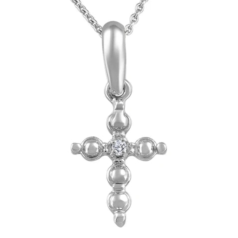 10K - White Gold Round Cut Diamond Baby Pendant Necklace - Cross - TDW 0.005