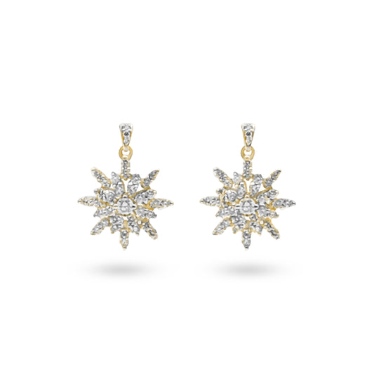 14K - Yellow Gold Cluster Flower Shaped Drop Earrings with Round Diamonds - TDW 1.00CT