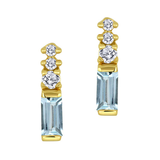 14K - Yellow Gold Aquamarine Birthstone Round Canadian Diamonds Earrings - TDW 0.03 CT
