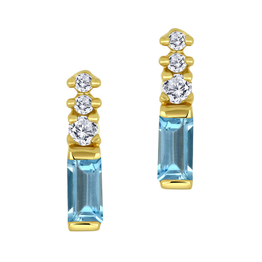 14K - Yellow Gold Blue Topaz Birthstone Round Canadian Diamonds Earrings - TDW 0.03 CT