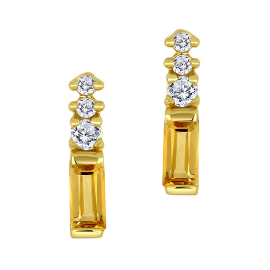 14K - Yellow Gold Citrine Birthstone Round Canadian Diamonds Earrings - TDW 0.03 CT