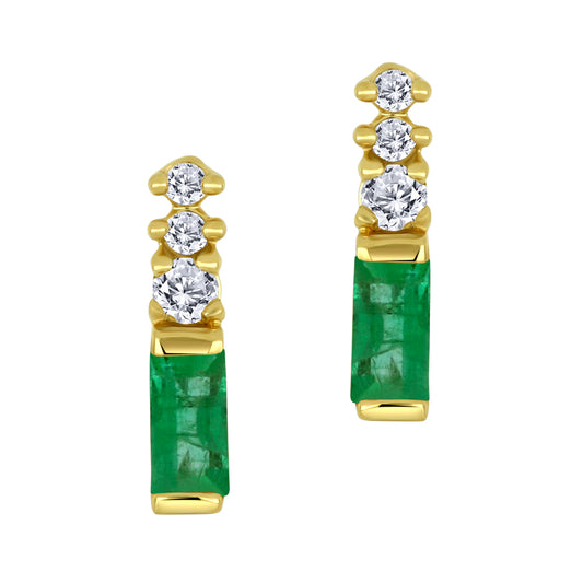 14K - Yellow Gold Emerald Birthstone Round Canadian Diamonds Earrings - TDW 0.03 CT