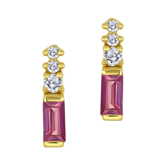 14K - Yellow Gold Pink Topaz Birthstone Round Canadian Diamonds Earrings - TDW 0.03 CT