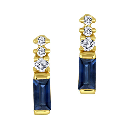 14K - Yellow Gold Sapphire Birthstone Round Canadian Diamonds Earrings - TDW 0.03 CT