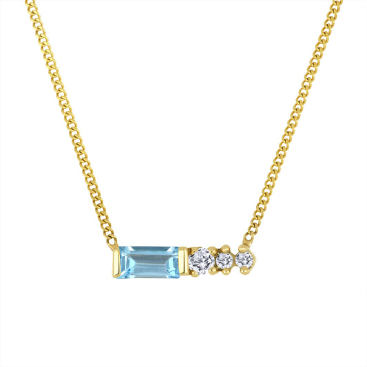 14K - Yellow Gold Blue Topaz Birthstone Round Canadian Diamonds Necklace - TDW 0.015 CT