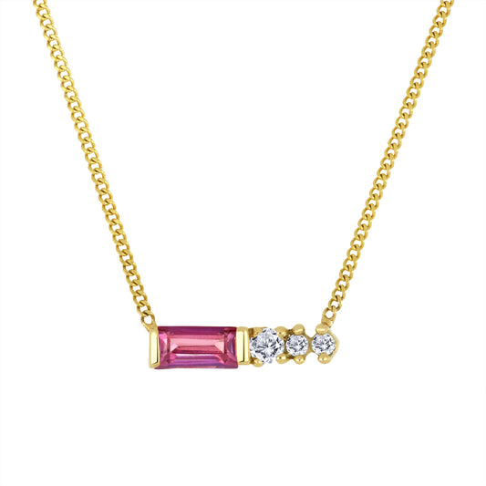 14K - Yellow Gold Pink Topaz Birthstone Round Canadian Diamonds Necklace - TDW 0.015 CT