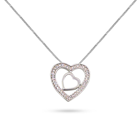 14K - White Gold Round Diamond Heart Shaped Pendant Necklace - TDW 0.25 CT