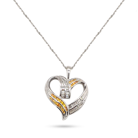 14K - White Gold Diamond and Yellow Sapphire Heart Shaped Pendant Necklace - TDW 0.32CT