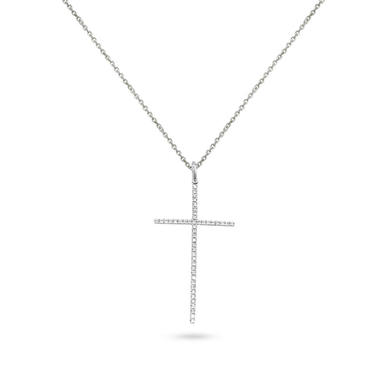 18K - White Gold Cross Round Cut Diamond Pendant Necklace - TDW 0.18 CT