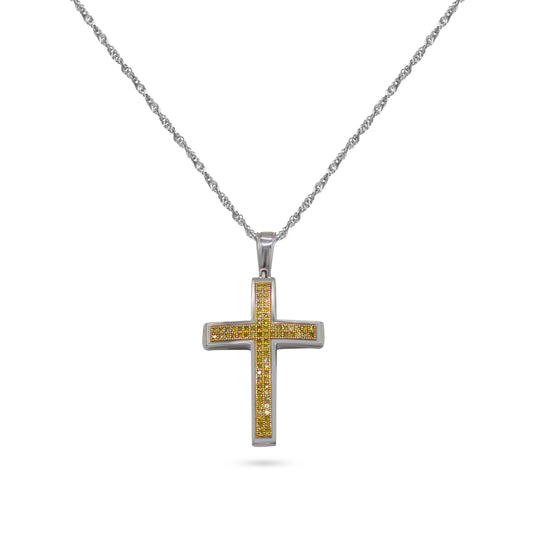10K - White Gold Cross Round Cut Yellow Diamond Necklace - TDW 0.25 CT