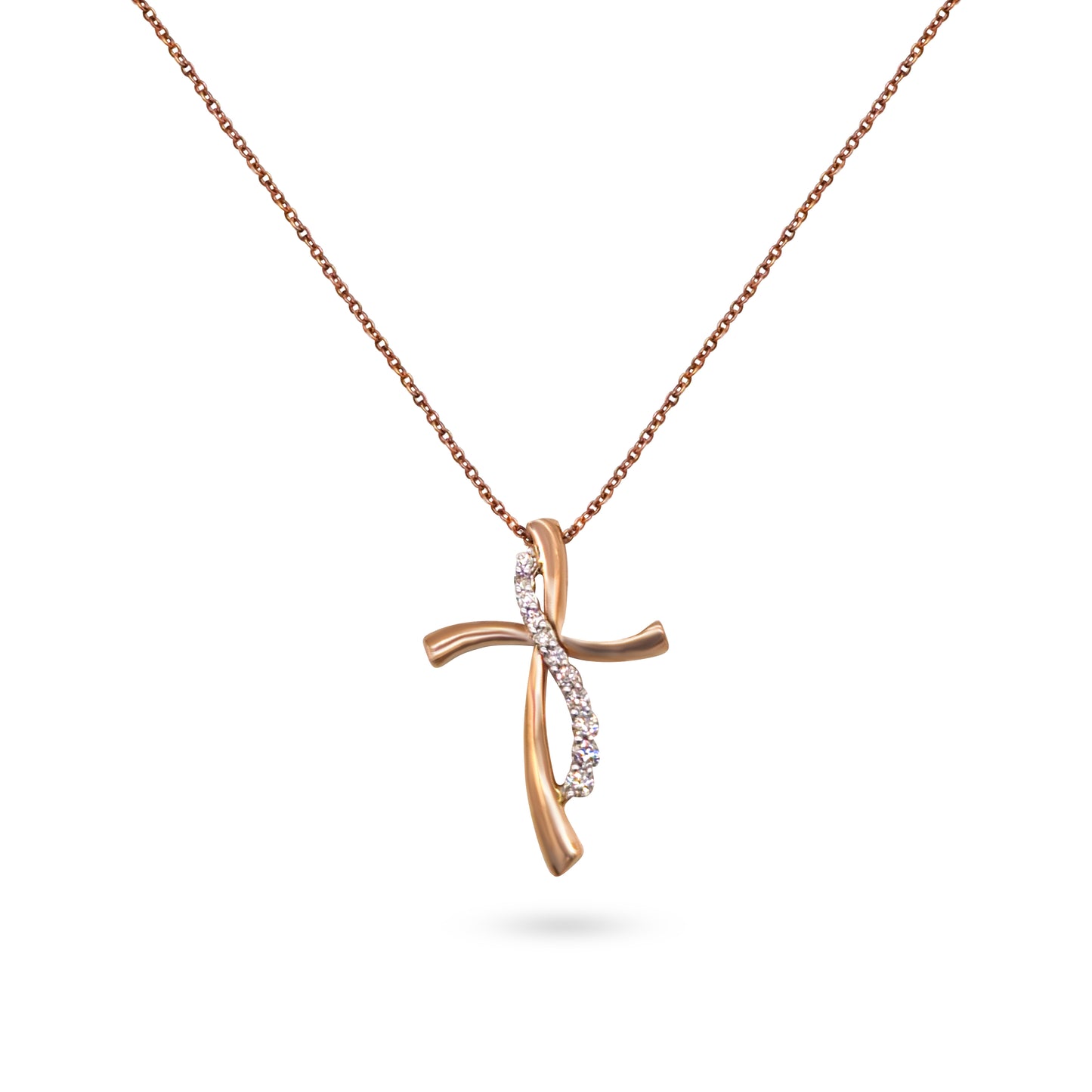 10K - Rose Gold Cross Necklace - TDW 0.15 CT