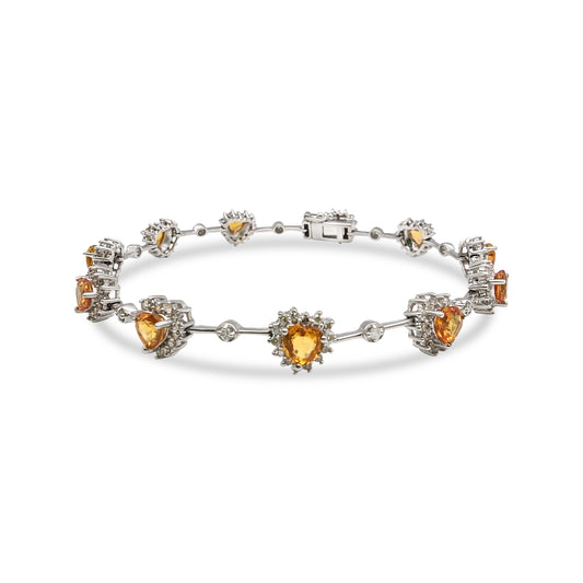 14K - White Gold Chain Bracelet with Yellow Sapphire and Round Diamonds - TDW 1.15 CT