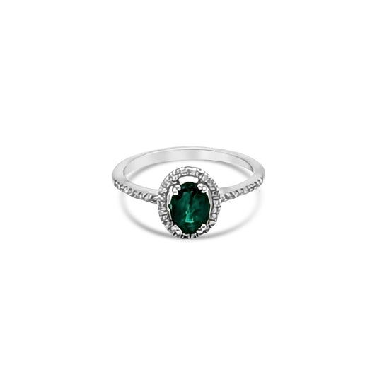 14K - White Gold Emerald & Diamond Ring - TDW 0.13 CT