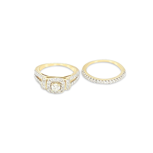 14K - Yellow Gold Cluster Round Diamond Ring Bridal Set - TDW 1.20 CT