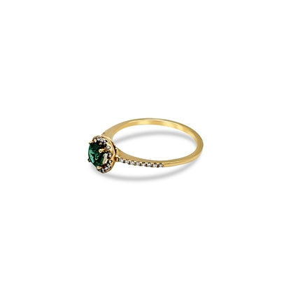14K - Yellow Gold Round Cut Emerald & Diamond Ring - TDW 0.14 CT