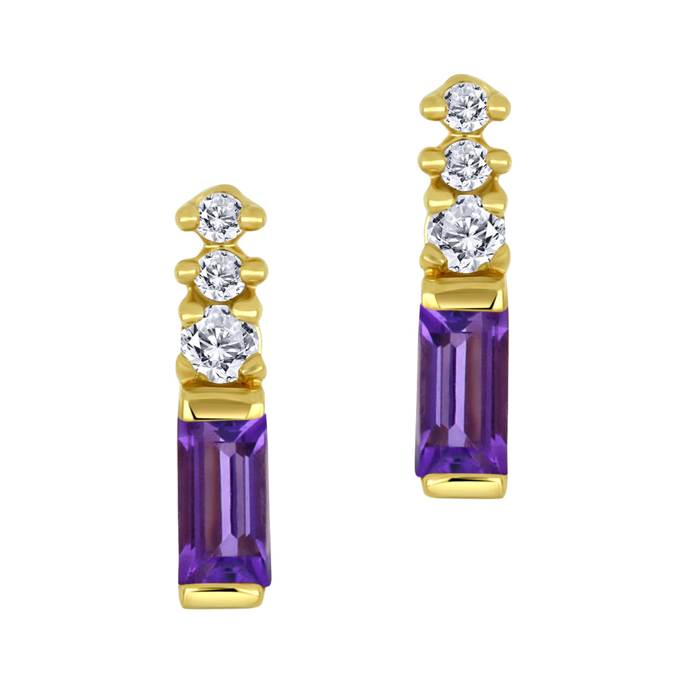 14K - Yellow Gold Amethyst Birthstone Round Canadian Diamonds Earrings - TDW 0.03 CT