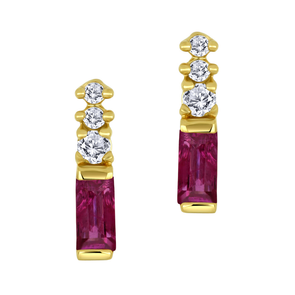 14K - Yellow Gold Ruby Birthstone Round Canadian Diamonds Earrings - TDW 0.03 CT