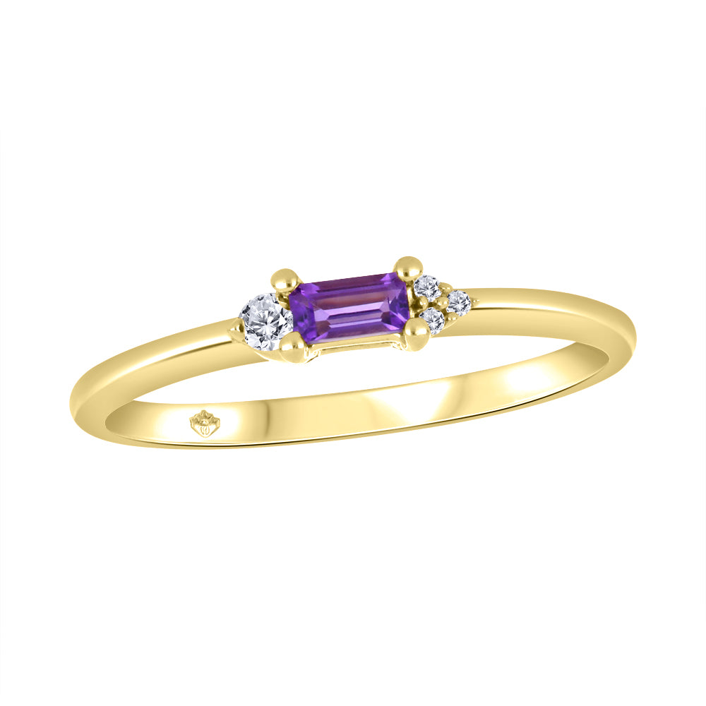 14K - Yellow Gold Amethyst Birthstone Round Canadian Diamonds Ring - TDW 0.01 CT