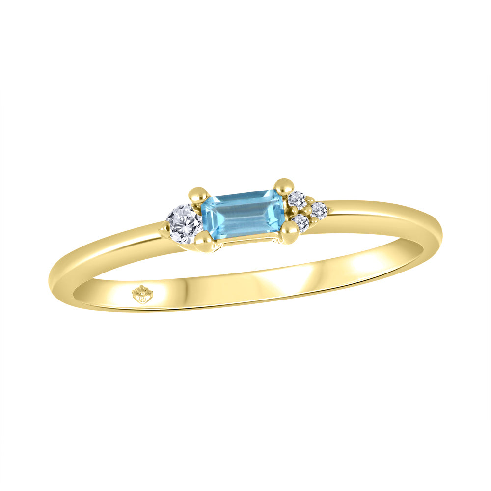 14K - Yellow Gold Blue Topaz Birthstone Round Canadian Diamonds Ring - TDW 0.01 CT