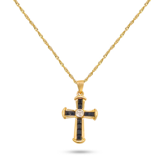 10K - Yellow Gold Blue Sapphire and Diamond Cross Pendant Necklace - TDW 0.01 CT