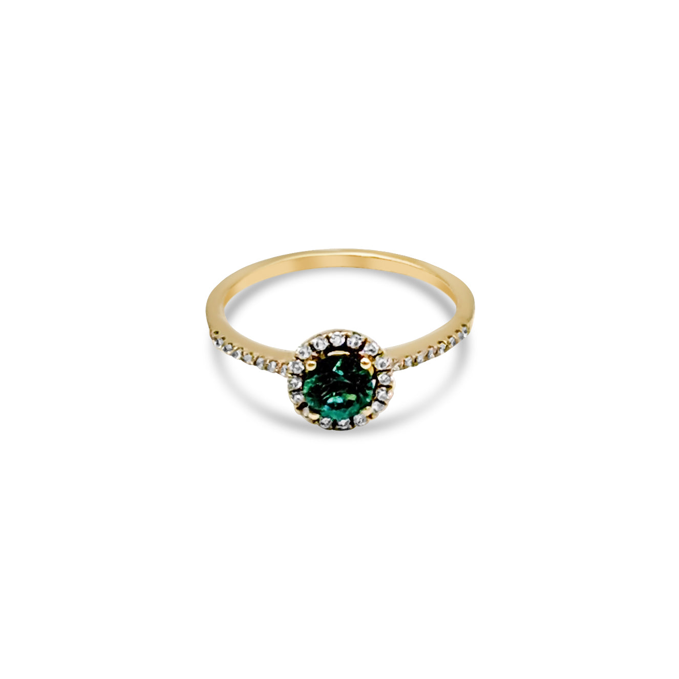 14K - Yellow Gold Round Cut Emerald & Diamond Ring - TDW 0.14 CT