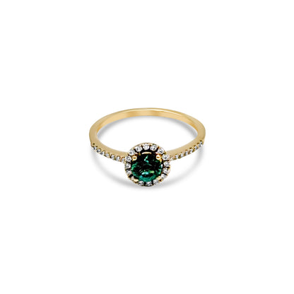 14K - Yellow Gold Round Cut Emerald & Diamond Ring - TDW 0.14 CT